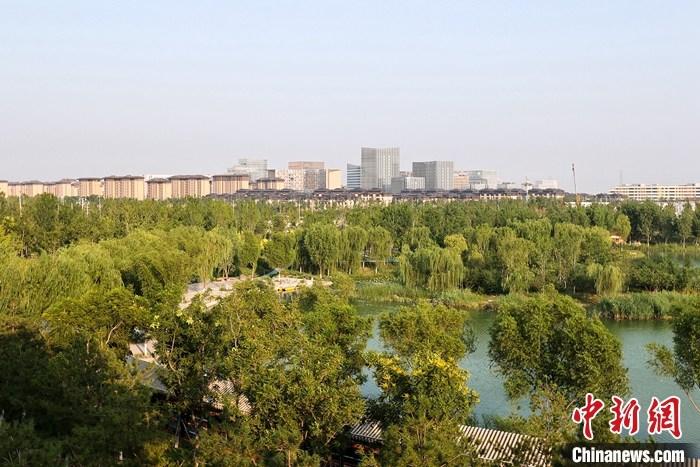 從完成頂層設(shè)計(jì)到如火如荼大規(guī)模建設(shè)，六年來，雄安新區(qū)如春天的竹子一般拔節(jié)生長，這座承載千年大計(jì)的“未來之城”已雄姿初顯。從“一張白紙”開始著墨，如今的雄安新區(qū)已是濃墨重彩的“山水畫”。<a target='_blank' href='/'>中新社</a>記者近日走訪了雄安新區(qū)多地，從“藍(lán)綠金”三色感受這座“未來之城”的巨大變化。圖為7月18日拍攝的河北雄安新區(qū)金湖公園。 <a target='_blank' href='/'>中新社</a>記者 易海菲 攝