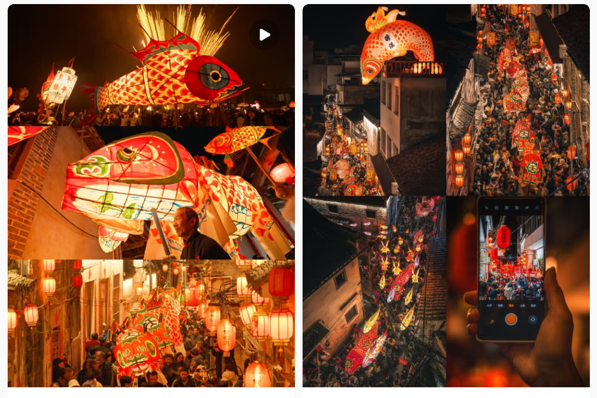 魚燈相關(guān)視頻、圖片獲得數(shù)萬點贊。社交媒體截圖